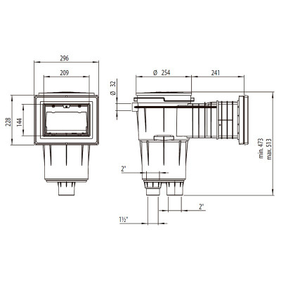Skimmer 17,5L boca standard, alargo, tapa cuadrada piscina liner AstralPool - medidas Skimmer 17,5L boca standard, alargo, tapa cuadrada piscina liner AstralPool - medidas